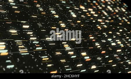 Concept of the futuristic information and technological computer. Abstract big data digital code running along the rows of small squares and narrow li Stock Photo