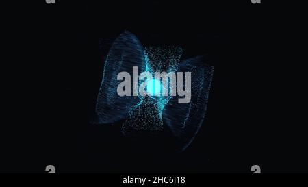Abstract blue and yellow beautiful neon cloud of dots flying in an organized way in space and forming a figure with a kernel on black background. Flig Stock Photo