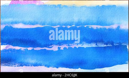Close up of watercolor paint brush strokes on white background. Soft pastel color stripes, different purple and blue layers of paint on white sheet of Stock Photo
