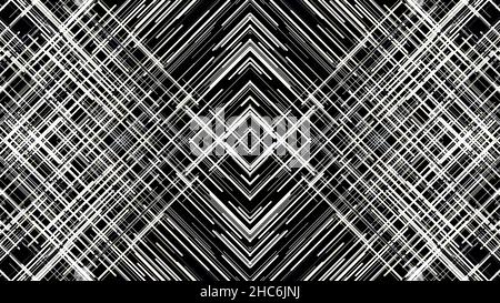 Straight white beams moving fast, crossing each other and forming the shape of rhombuses on black background, seamless loop. Many flowing narrow lines Stock Photo