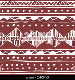 Red white fall or Christmas abstract border seamless pattern. Vector endless hand drawn pattern of lines, triangles, dots, different elements. Stock Vector
