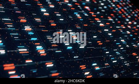 Abstract pixel pattern on black background, seamless loop. 3D mosaic and square shaped texture with flowing colorful horizontal stripes in space. Stock Photo