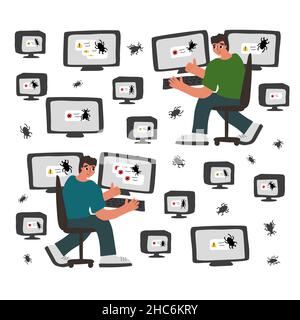 A lot of monitors with a bug on the screen and two people. Vector illustration concept of bugs in software in IT world, educational process. Stock Vector