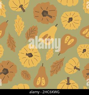 Hand drawn autumn oak leaves, pumpkins seamless pattern. Vector Halloween illustration of pastel yellow, brown elements on green background in flat st Stock Vector