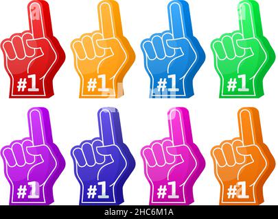 Foam fan finger, number one sports fan support foam hands gesture. Sports team support foam fingers victory gesture vector illustration set. Fist Stock Vector