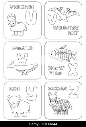 English U-Z alphabet family kids game. Coloring pages with animals and letters that can be used for learning, education, relax childish games. Vector Stock Vector