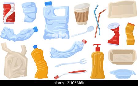 Plastic waste, disposable package, non recyclable garbage. Disposable plastic bottles, cups, tableware vector illustration set. Environmental Stock Vector