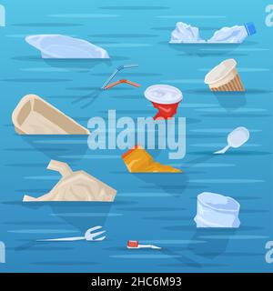 Polluted ocean, plastic disposable trash floating in water. Disposable plastic garbage in polluted ocean or sea water vector illustration. Nature Stock Vector