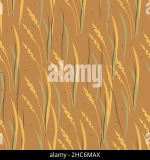Autumn hand drawn abstract cartoon wheat with leaves seamless pattern. Vector simple illustration on brown background Stock Vector