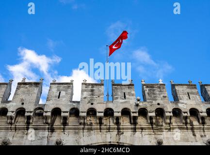 Detailed view of Istanbul Topkapi Palace in Turkey. Castle walls against the cloudy blue sky. Stock Photo