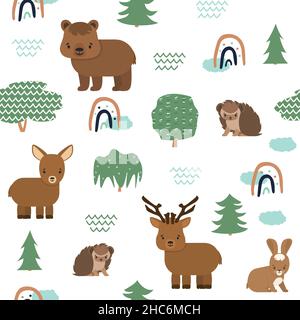 Cute cartoon flat forest animals seamless pattern. Bear deer, doe elk squirrel hare bat turtle hedgehog. Vector illustration on white background Stock Vector