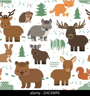 Vector seamless pattern with forest animals. Hedgehog, bear deer fox wolf boar hog hare elk in the forest on white background, flat style Stock Vector