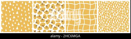 Vector set of yellow autumn pumpkins and abstract elements seamless patterns. Hand drawn illustrations. Stock Vector