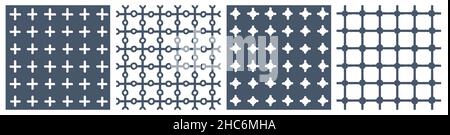 Blue set of abstract grid seamless patterns. Vector winter hand drawn illustrations on white background. Stock Vector