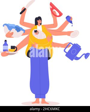 Super multitasking housewife, busy mom cleaning and cooking. Super mom, busy multitasking housewife does several tasks vector illustration. Busy Stock Vector