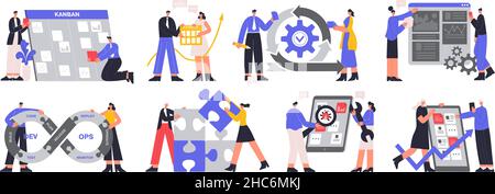 Agile project management, devOps team and scrum task board. Software developers, it devOps team and agile workflow vector illustration set. Project Stock Vector