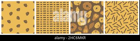 Set of yellow brown autumn seamless patterns. Pumpkins, oak leaves, abstract shapes. Vector fall illustrations for Halloween and Thanksgiving day. Stock Vector