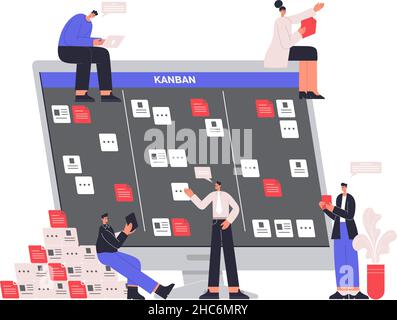 Software developers characters work with scrum task board. Kanban board project management workflow vector illustration. Software development work Stock Vector