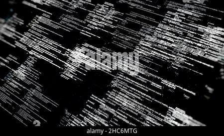 White scrolling lines of programming language on black background. Abstract screen of modern game moving code, software development background, monoch Stock Photo