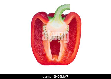 A close-up of bright red bell pepper and cut in half vertically on a white background. Take the front picture using natural light and make the clippin Stock Photo