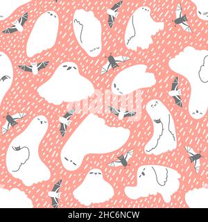 Cute pink white blue seamless pattern of ghosts and vampire bats. Vector hand drawn cute illustration Stock Vector