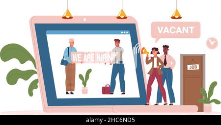 Online job interview, recruitment and hiring process service app. Internet hr platform, online hiring service vector illustration. Online business Stock Vector