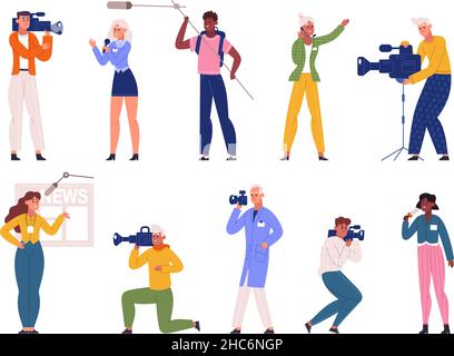 Reporters, journalists, professional photographers and tv broadcast videographers characters. Paparazzi and program news reporters vector illustration Stock Vector