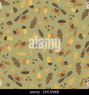 Autumn oak leaves, acorn, birch aspen mushrooms, nuts, chestnuts seamless pattern. Vector illustration of hand drawn forest nature objects in flat sty Stock Vector