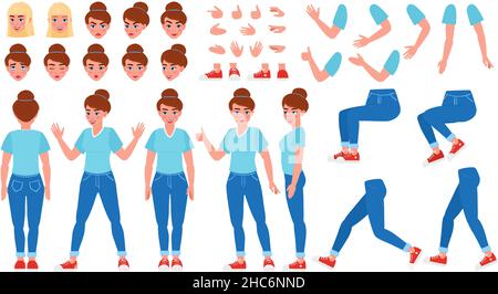 Cartoon girl character creation constructor with poses and facial expressions. Woman character body parts creation elements vector illustration set Stock Vector