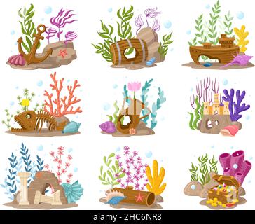 Cartoon aquarium decorations, marine seaweeds, coral and stones. Underwater aquarium accessory compositions vector illustration set. Aquaria Stock Vector