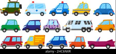 Cartoon children toy cars, cute play transport. Kids toy car, truck, ambulance and police car vector illustration set. Childish colorful vehicles Stock Vector
