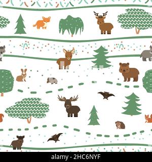 Cute childish forest animals seamless pattern. Wolf fox, bear deer doe elk squirrel hare bat turtle hedgehog. Vector illustration on white background Stock Vector