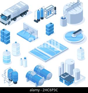 Isometric 3d water purification industrial system technology facilities. Industrial water tanks, pumping station vector illustration set. Industrial Stock Vector