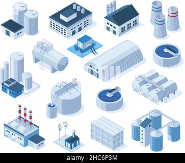 Isometric industrial factory buildings, warehouse, water purification system. Plant buildings, factories with tanks, pipes, crane vector illustration Stock Vector