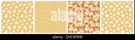 Group of four autumn seamless patterns. Vector bugs, insects, mushrooms and abstract elements in yellow red white colors. Stock Vector