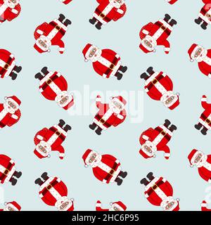 Vector seamless repeat pattern of cartoon outline Santa Clauses with and without bags of toys on the back. Santa has eyeglasses, red coat, and hat and Stock Vector