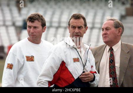 File photo dated 05-07-1996 of England captain Michael Atherton, with coach David Lloyd (centre) and Chairman of Selectors, Ray Illingworth (right) taking a keen interest in the England net session prior to the start of the second day of the 3rd Test against India at Trent Bridge. Former cricketer Ray Illingworth has died at the age of 89, Yorkshire have announced. Illingworth, who led England to a Test series victory over Australia Down Under in 1970-71, had been undergoing radiotherapy for esophageal cancer. Issue date: Saturday December 25, 2021. Stock Photo