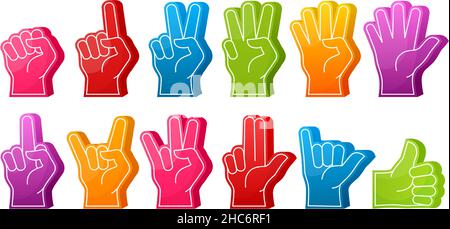 Fan foam fingers, sports fan support hands with different gestures. Fist place, thumb up and ok sign foam finger gestures vector symbols set. Sports Stock Vector