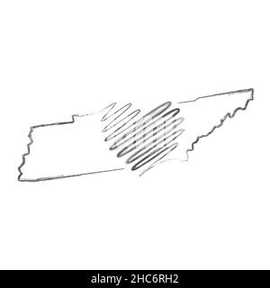 Tennessee US state hand drawn pencil sketch outline map with heart shape. Continuous line drawing of patriotic home sign. A love for a small homeland. Stock Photo