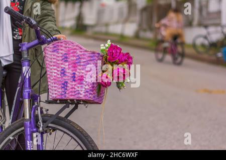Vintage bicycle with basket with flowers in the spring park. Wicker basket with artificial flowers on the bike. Stock Photo