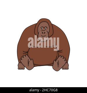 Cartoon cute funny brown Orangutan. Vector doodle outline rainforest animal illustration. Isolated monkey on white background Stock Vector