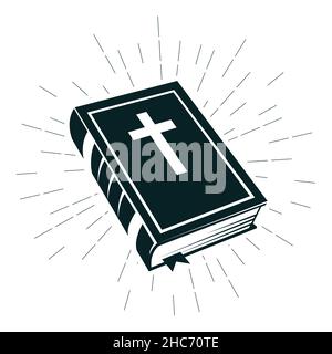 Holy Bible icon, closed old testament book with bookmark and rays, vector Stock Vector