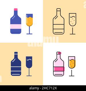 Wine bottle and glass icon set in flat and line styles. Vector symbols collection. Stock Vector