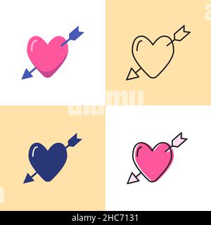 Heart with arrow icon set in flat and line styles. Symbols of love collection. Vector illustration. Stock Vector