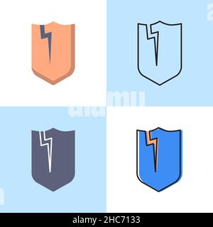 Broken shield icon set in flat and line styles. Vector illustration. Stock Vector