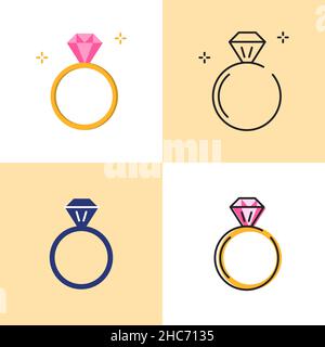 Ring with diamond icon set in flat and line styles. Woman accessory symbols collection. Vector illustration. Stock Vector