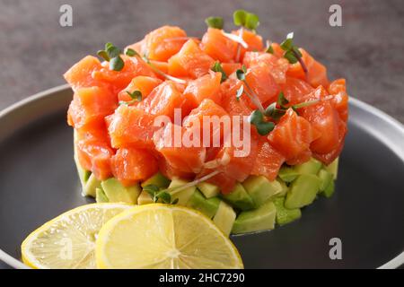 Delicious avocado and raw salmon salad, tartare, served on a plate with lemon, light background Stock Photo