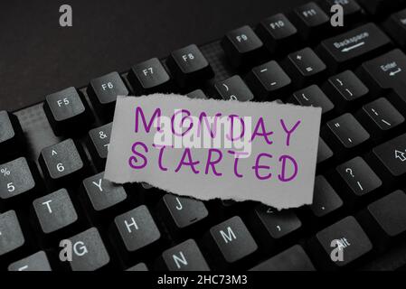 Inspiration showing sign Monday Started. Word Written on getting ready for new week Rest is over lets begin work Abstract Typing Product Stock Photo