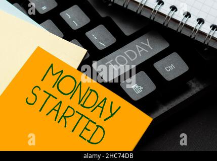 Writing displaying text Monday Started. Word Written on getting ready for new week Rest is over lets begin work Connecting With Online Friends, Making Stock Photo