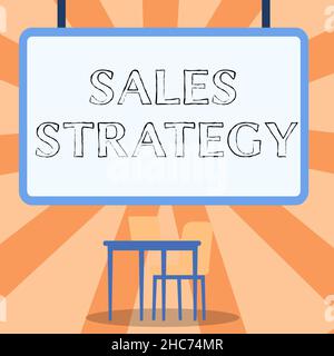 Text caption presenting Sales Strategy. Concept meaning Plan for reaching and selling to your target market Marketing Blank Whiteboard With Laptop Stock Photo